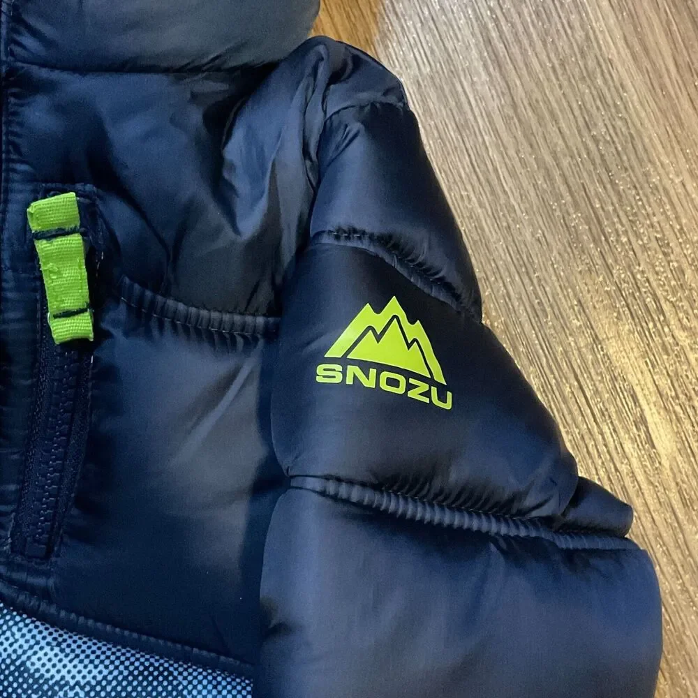 SNOZU KIDS BOYS PUFFER FLEECE LINED SKI JACKET 2T HOODED WINTER COAT BLUE YELLOW
